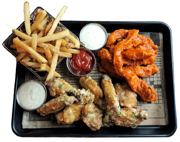 The Neighborhood Bar traditional and boneless Wings and Fries on a tray with ranch a ketchup